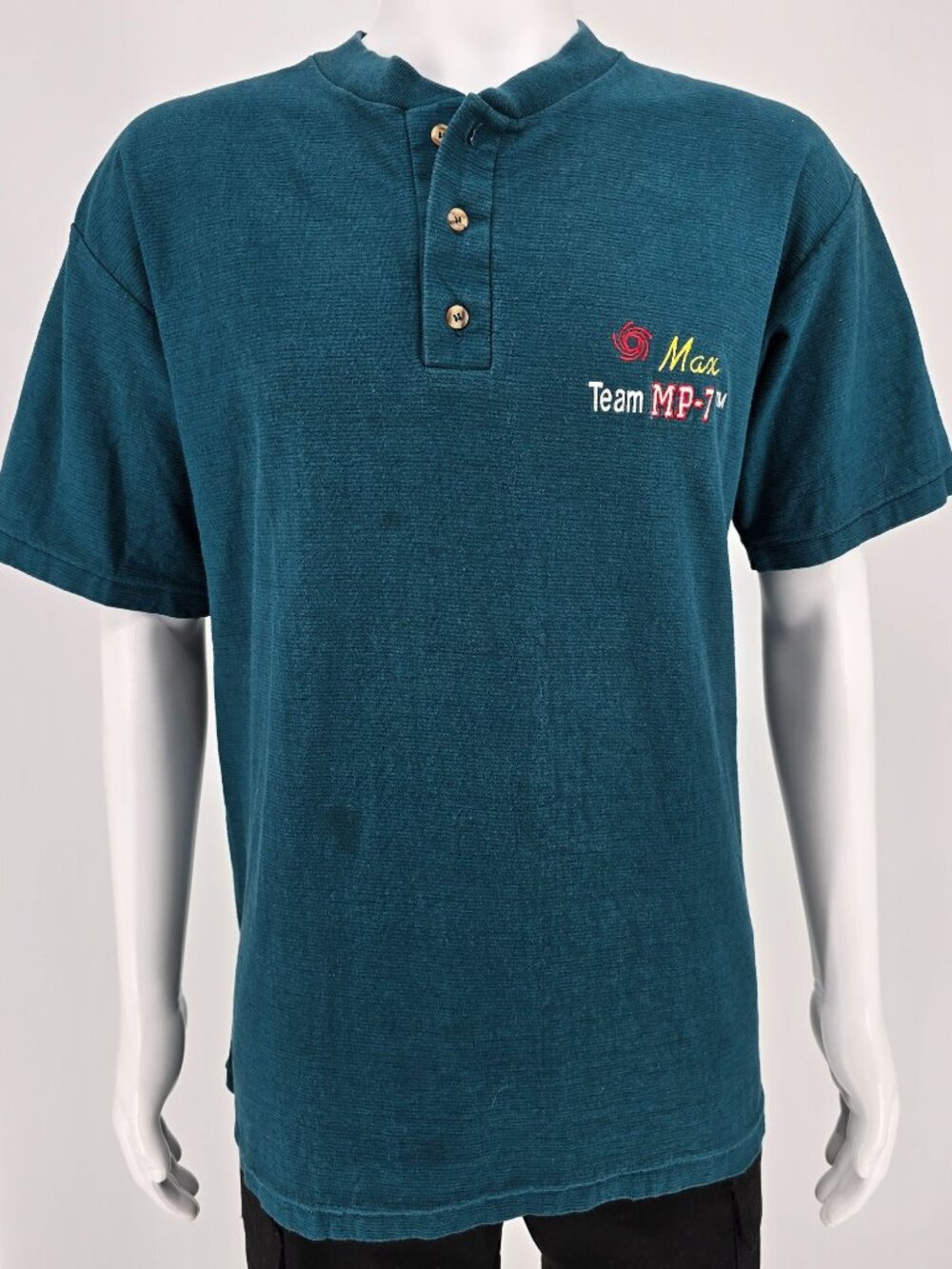 Vintage 1990s Oneita Heavyweight Max Team MP-7 Embroidered Henley T-Shirt (L/XL)